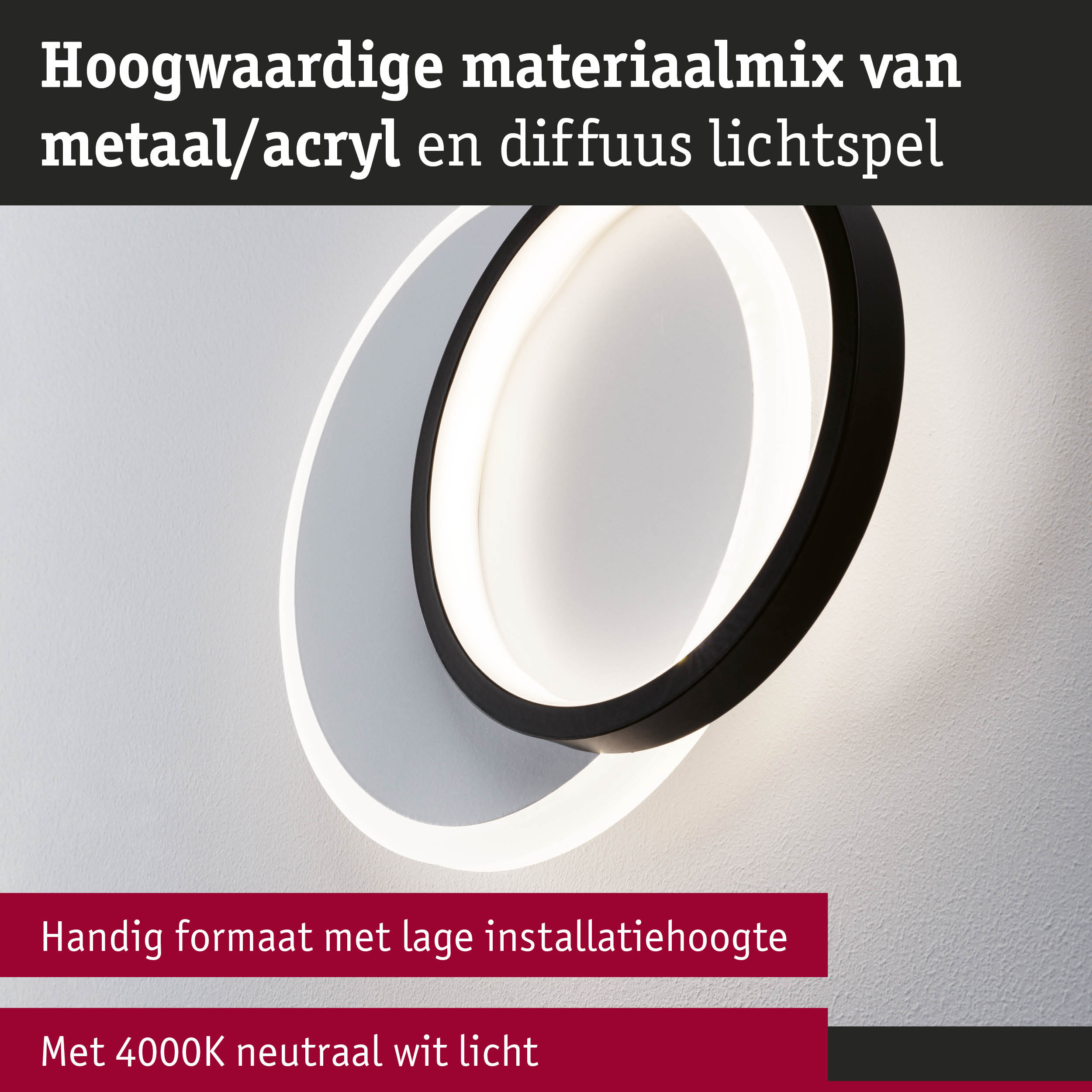 Moderne LED-wandlamp van metaal en acryl in zwart met 4000K neutraal wit licht