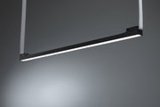 Black LED pendant light with white light strip and fabric suspension for modern interiors.