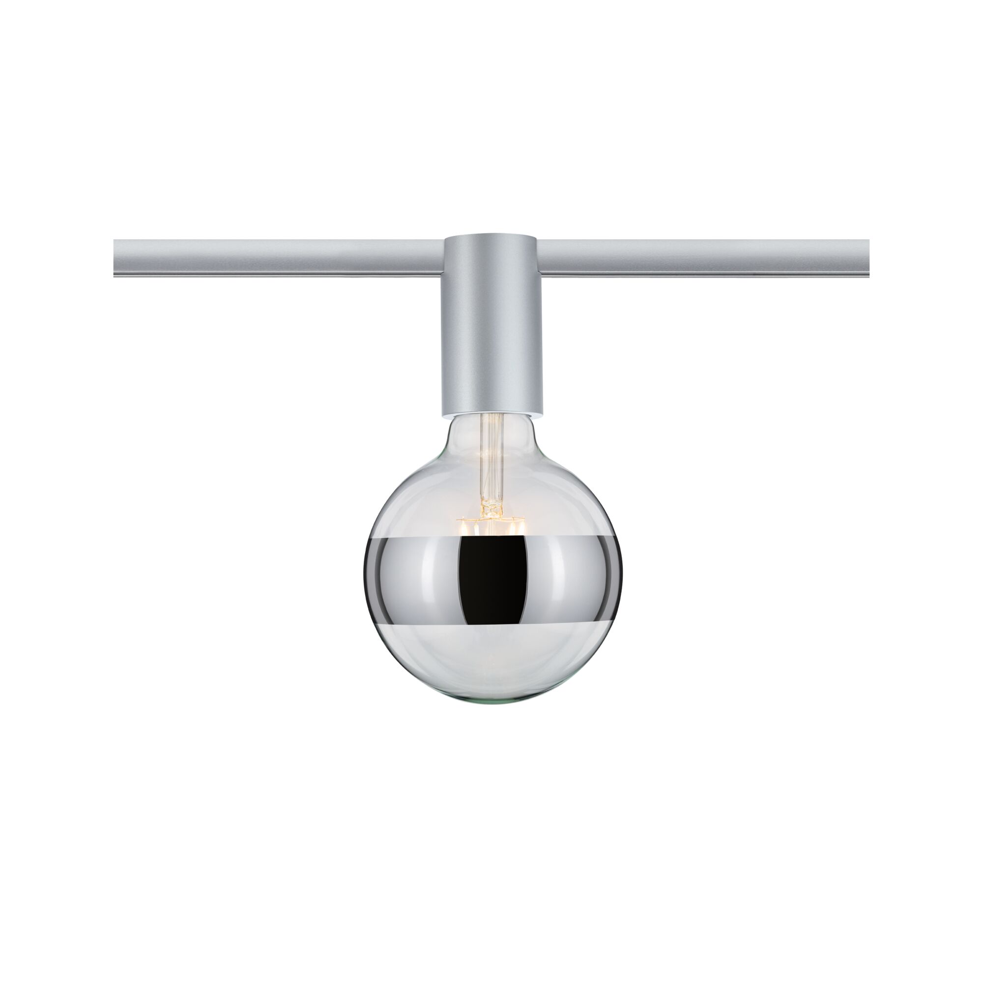 Moderne LED-Glühbirne mit silbernem Spiegelstreifen und silberner Fassung für Schienensysteme