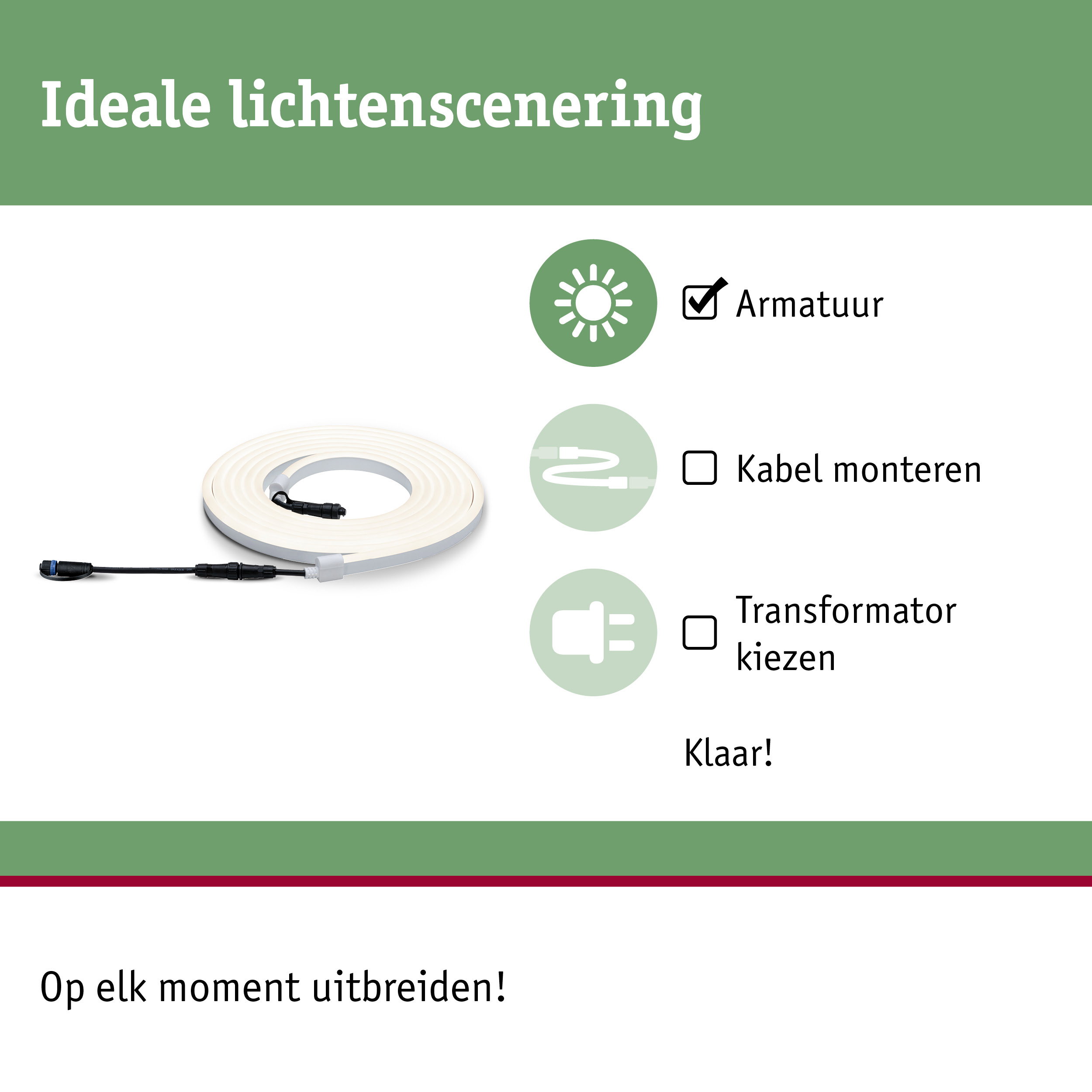 Flexibele witte LED-lichtstrip met aansluitkabel voor eenvoudige montage en lichtscènes