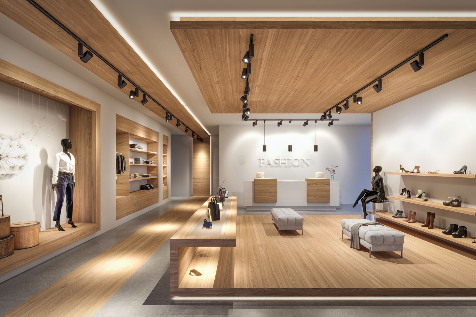 Modernes Modegeschäft mit Holzdecke, schwarzen LED-Schienenstrahlern und minimalistischer Ladeneinrichtung