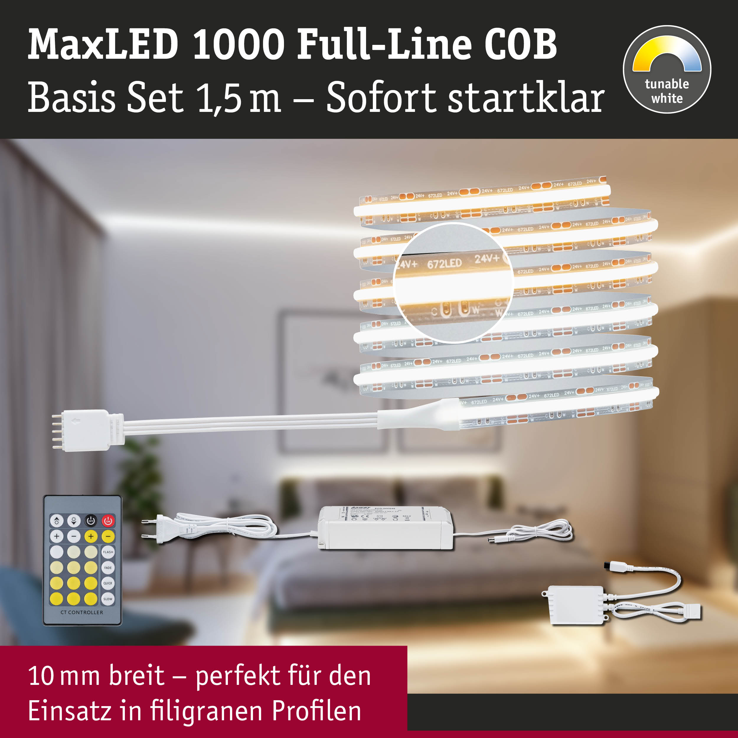 MaxLED 1000 Full-Line COB LED-Lichtband Set 1,5 m mit Fernbedienung und weißem Licht für Wohnräume
