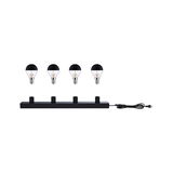 Black power strip with four sockets and four half-black bulbs for modern lighting setup