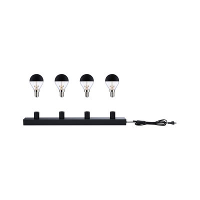 Black power strip with four sockets and four half-black bulbs for modern lighting setup