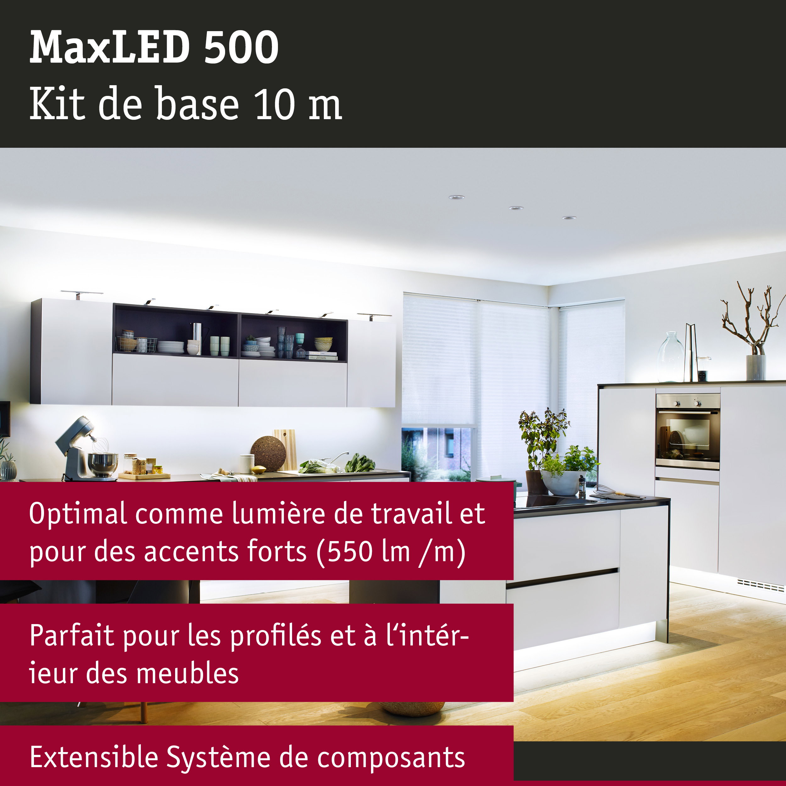 Cuisine blanche moderne avec système d'éclairage LED MaxLED 500 pour lumière de travail et accents