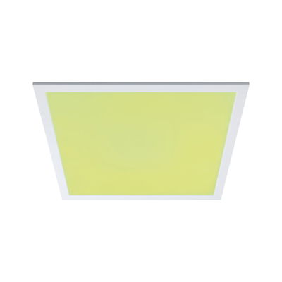 Quadratische LED-Deckenleuchte mit weißem Rahmen und gelbgrünem Leuchtfeld für moderne Innenräume
