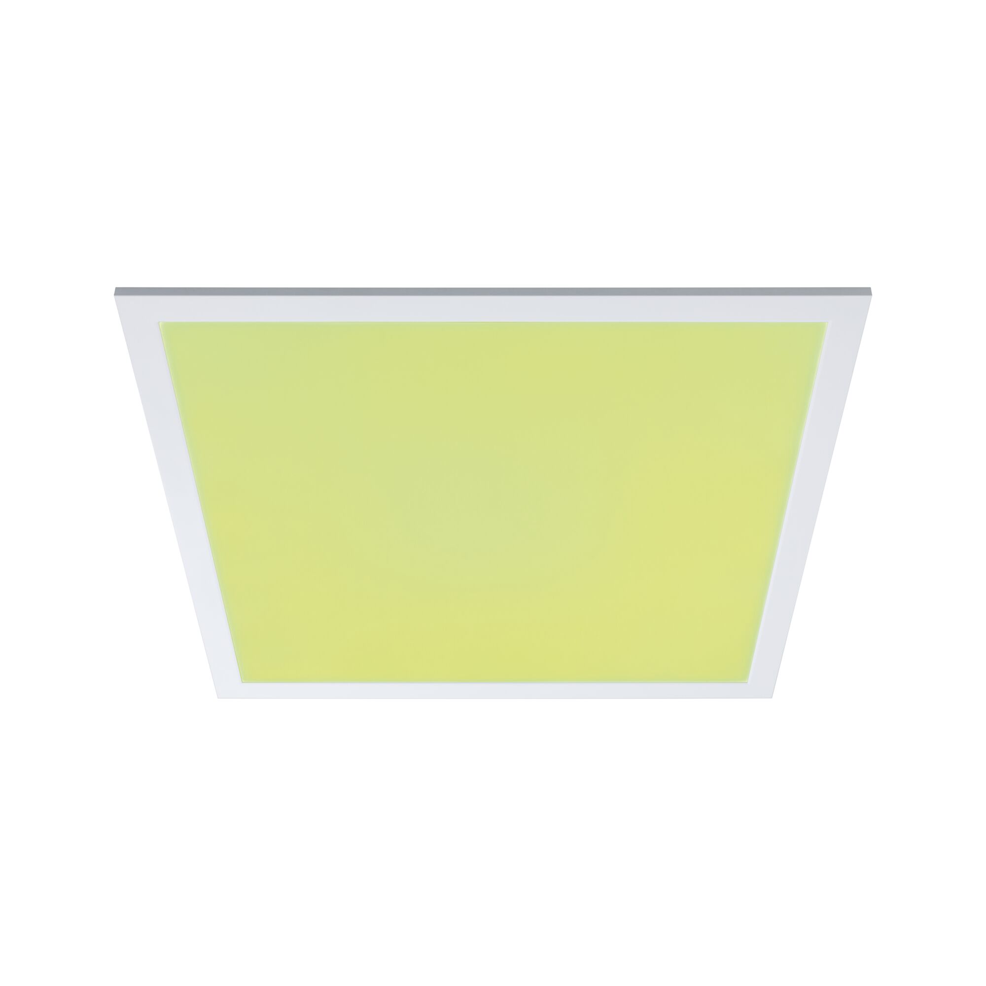Square LED ceiling light with white frame and yellow-green panel for modern interior lighting
