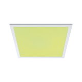 Quadratische LED-Deckenleuchte mit weißem Rahmen und gelbgrünem Leuchtfeld für moderne Innenräume