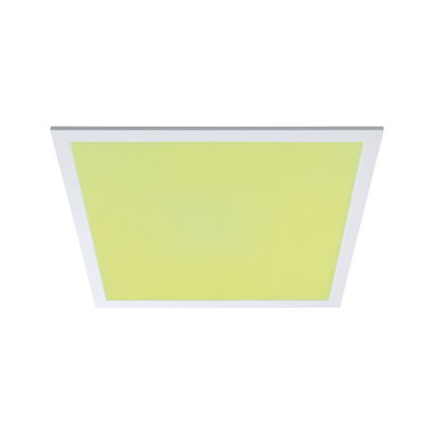 Quadratische LED-Deckenleuchte mit weißem Rahmen und gelbgrünem Leuchtfeld für moderne Innenräume