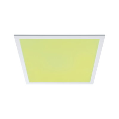 Quadratische LED-Deckenleuchte mit weißem Rahmen und gelbgrünem Leuchtfeld für moderne Innenräume