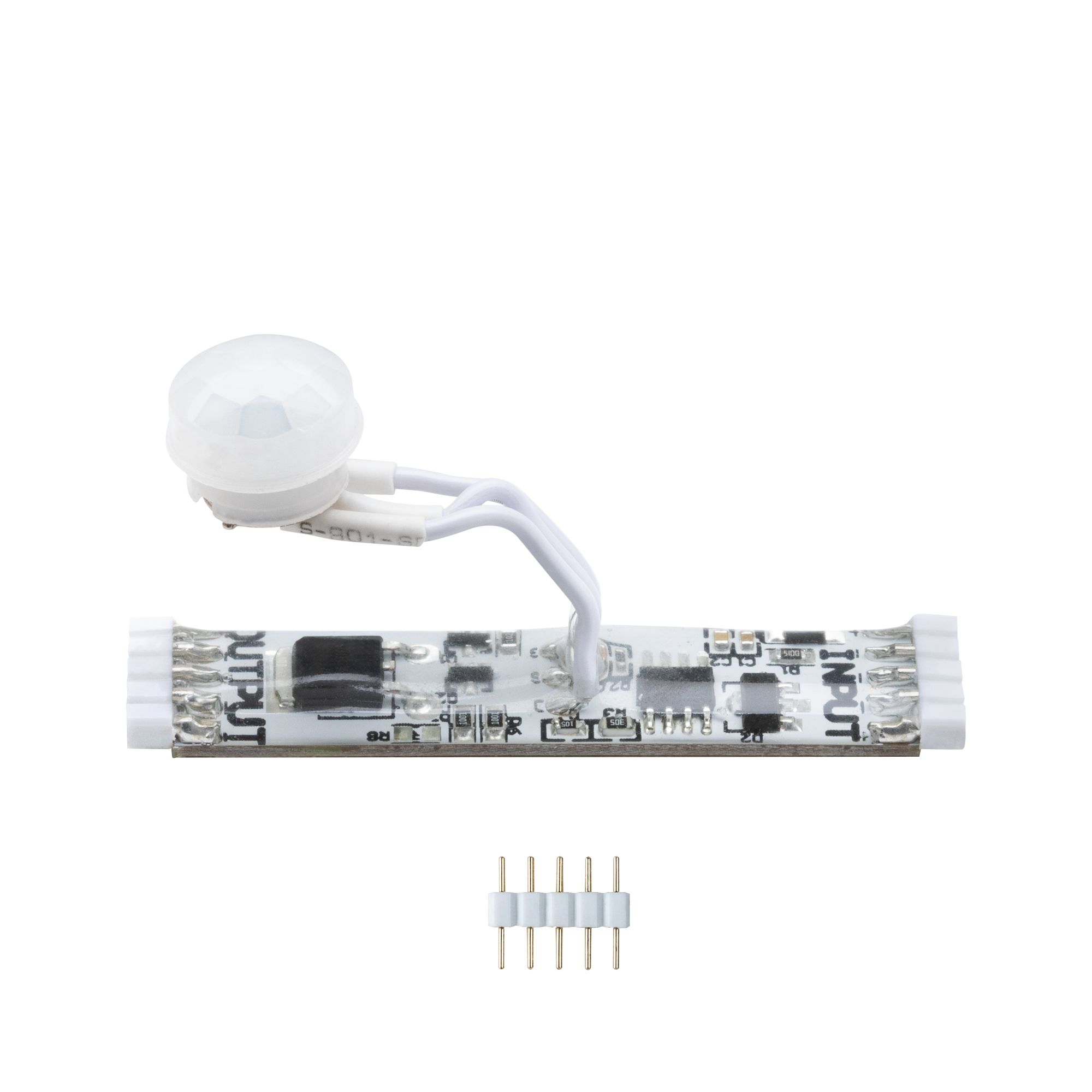 White motion sensor with detector and LED circuit board for smart lighting control