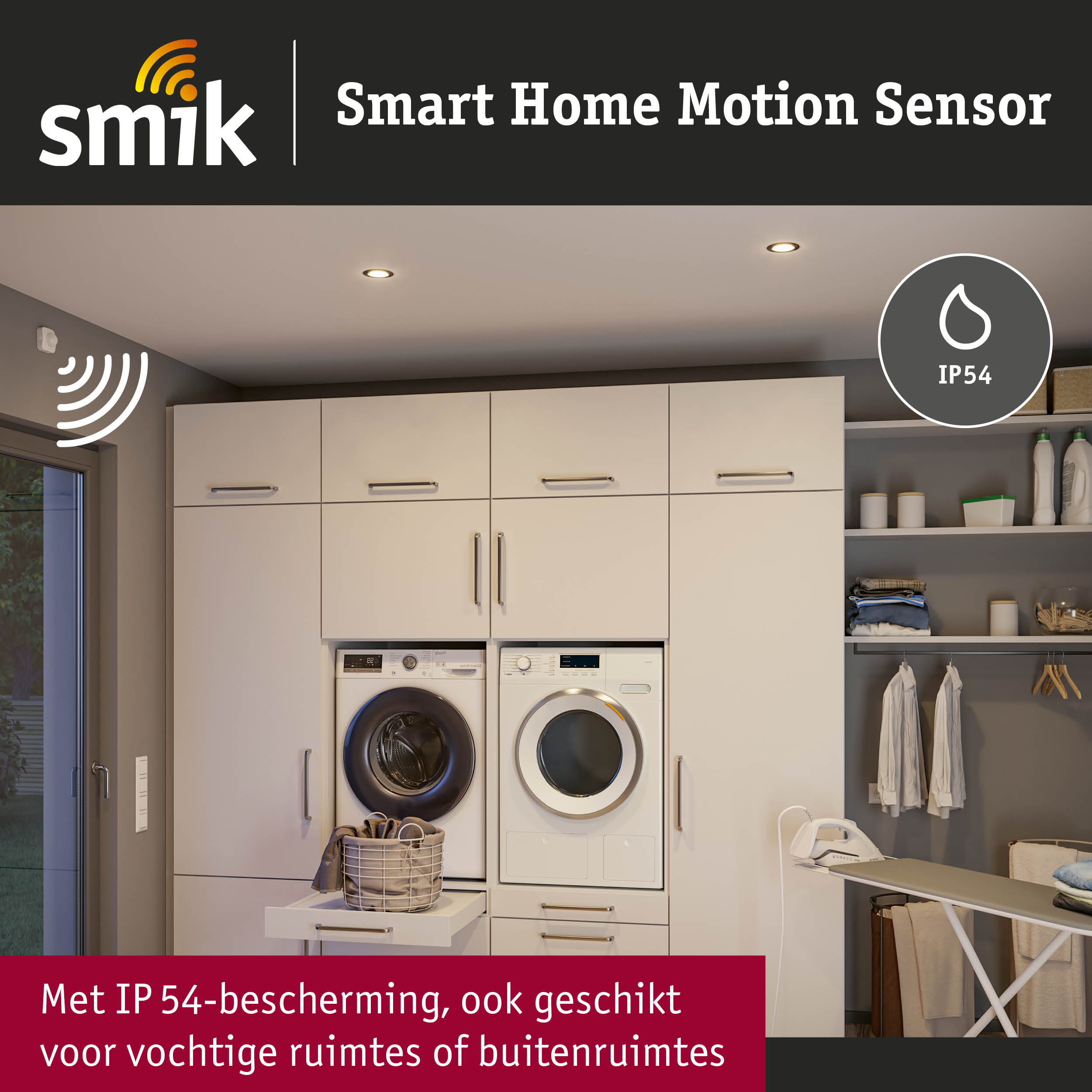 Smart Home bewegingssensor met IP54-bescherming voor vochtige ruimtes en buiten in een moderne wasruimte