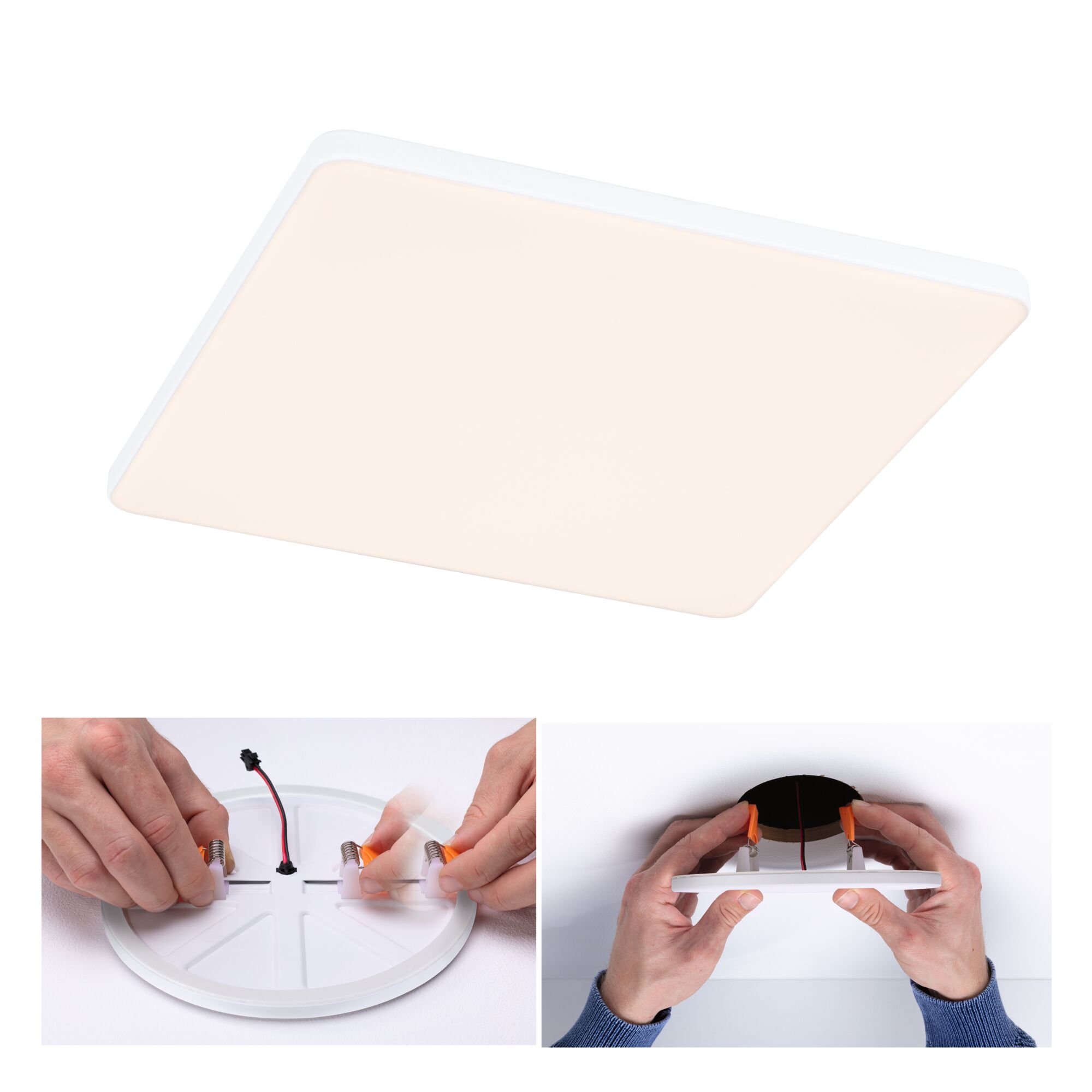 Square white LED ceiling light with plastic diffuser, easy installation using spring clips.