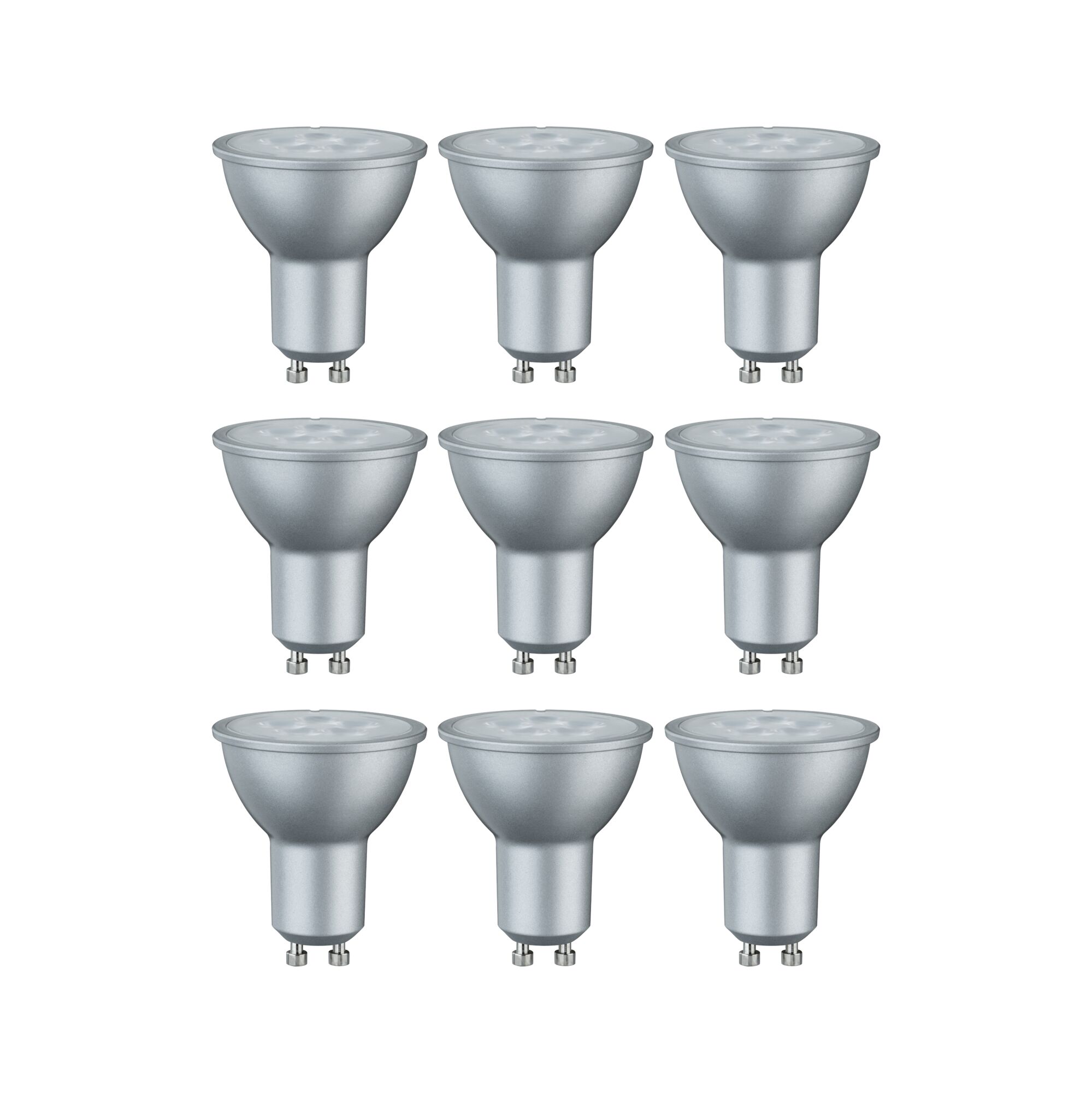 Set of nine silver GU10 LED bulbs with matte finish for energy-efficient lighting solutions