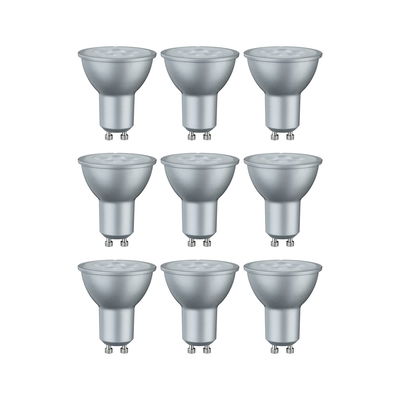 Set of nine silver GU10 LED bulbs with matte finish for energy-efficient lighting solutions
