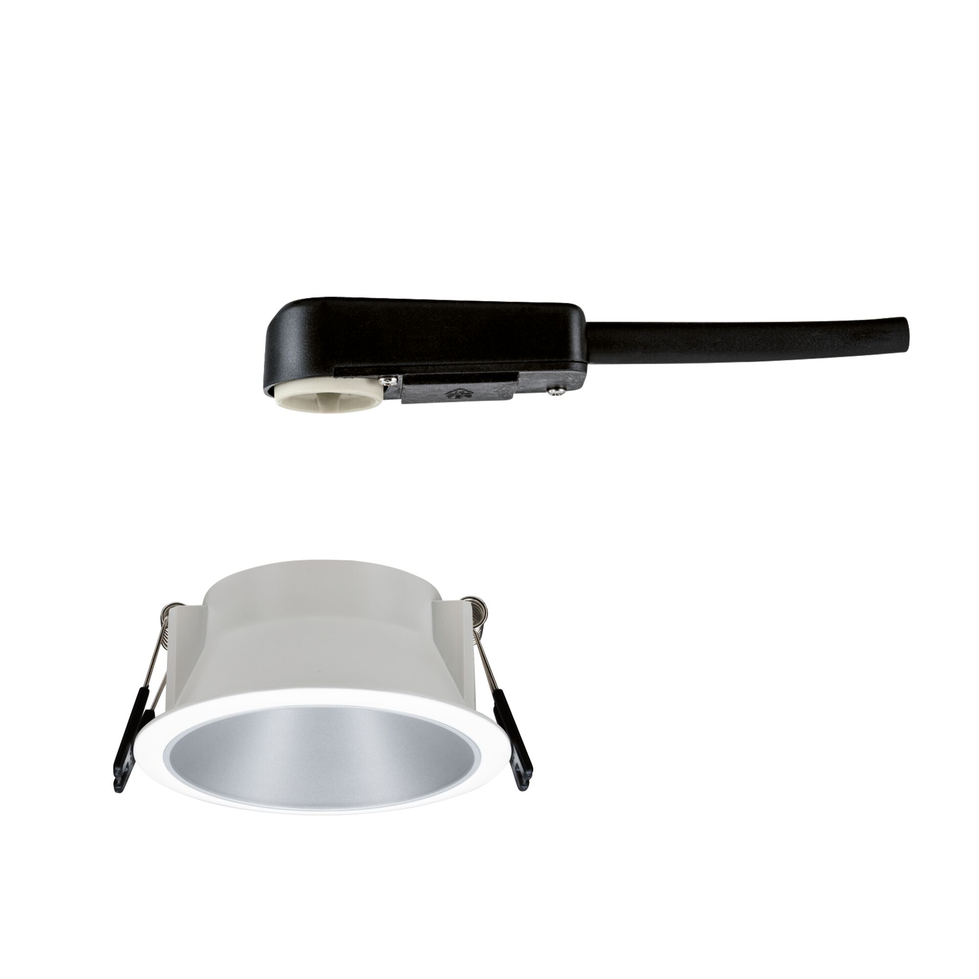 White metal recessed spotlight with silver reflector and black connection cable for ceiling lighting