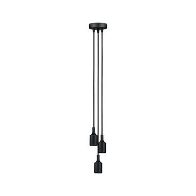 Moderne schwarze Pendelleuchte mit drei Kabeln und minimalistischen Fassungen aus Metall für Wohnräume.