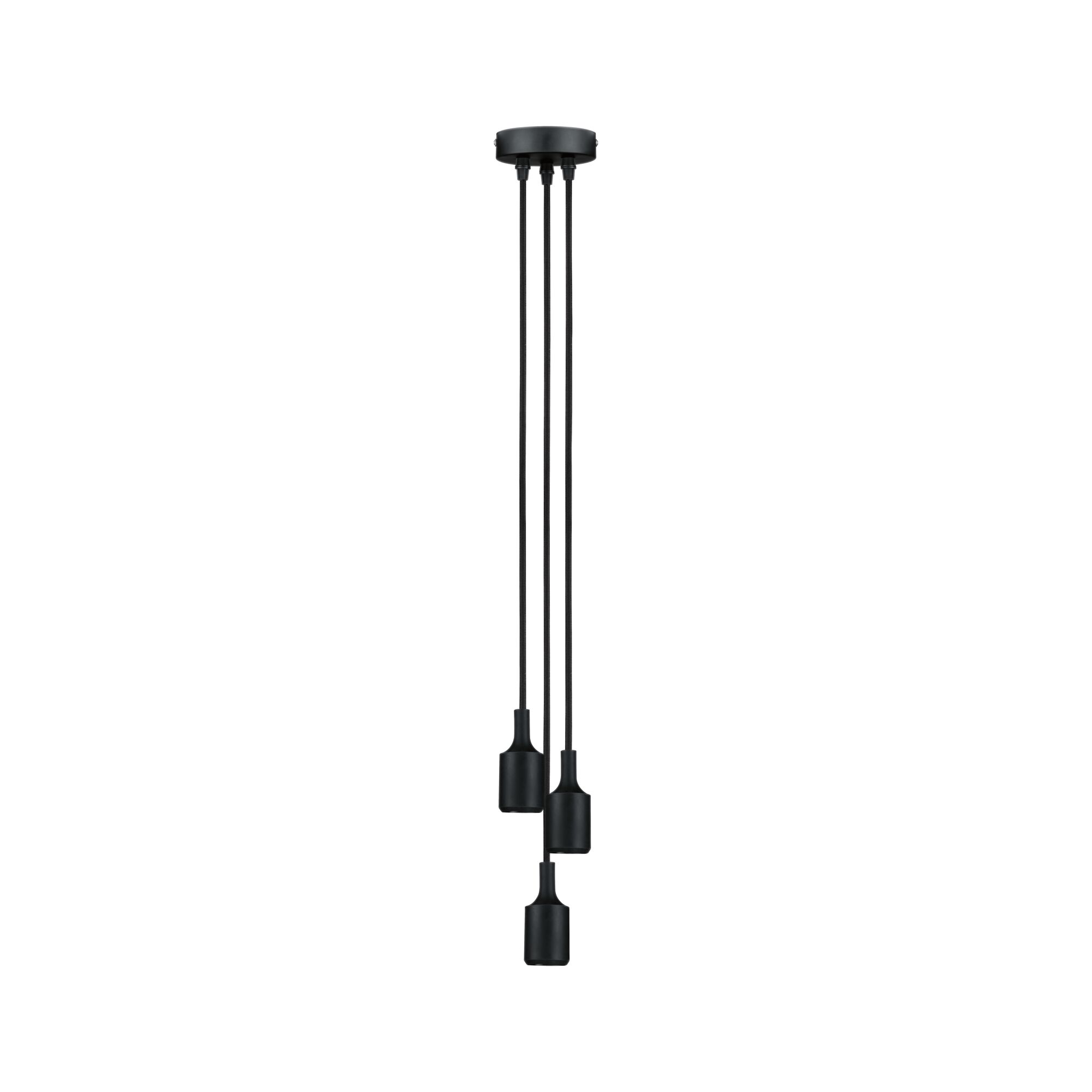 Suspension noire moderne avec trois câbles et douilles métalliques minimalistes pour intérieur.