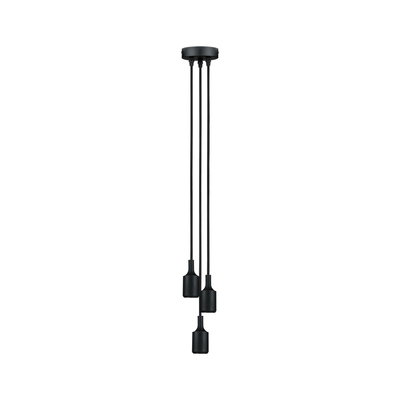 Moderne schwarze Pendelleuchte mit drei Kabeln und minimalistischen Fassungen aus Metall für Wohnräume.