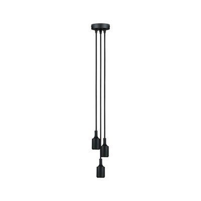 Suspension noire moderne avec trois câbles et douilles métalliques minimalistes pour intérieur.