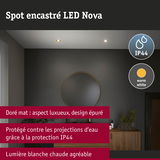 Spot encastré LED Nova doré mat avec lumière blanc chaud et protection IP44 contre projections d'eau