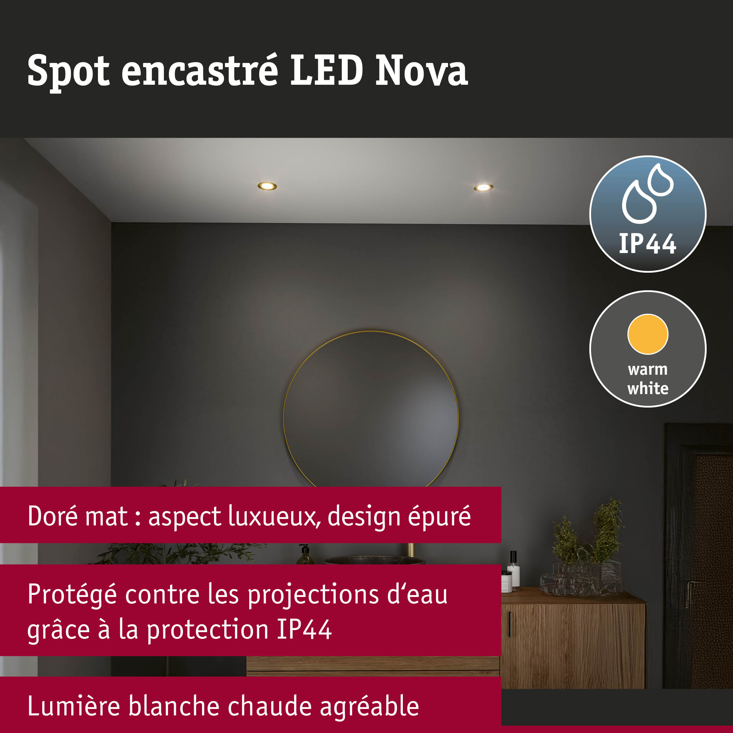 Spot encastré LED Nova doré mat avec protection IP44 et lumière blanc chaud pour salle de bain