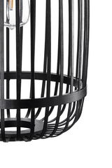 Black wooden slat lampshade with visible bulb for modern indoor lighting design