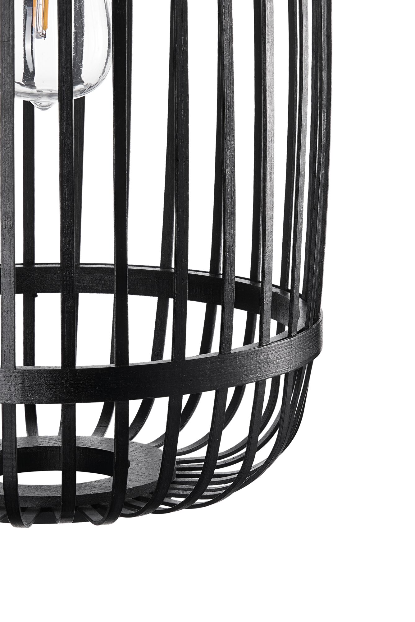 Black wooden slat lampshade with visible bulb for modern indoor lighting design