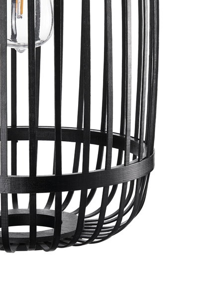 Black wooden slat lampshade with visible bulb for modern indoor lighting design