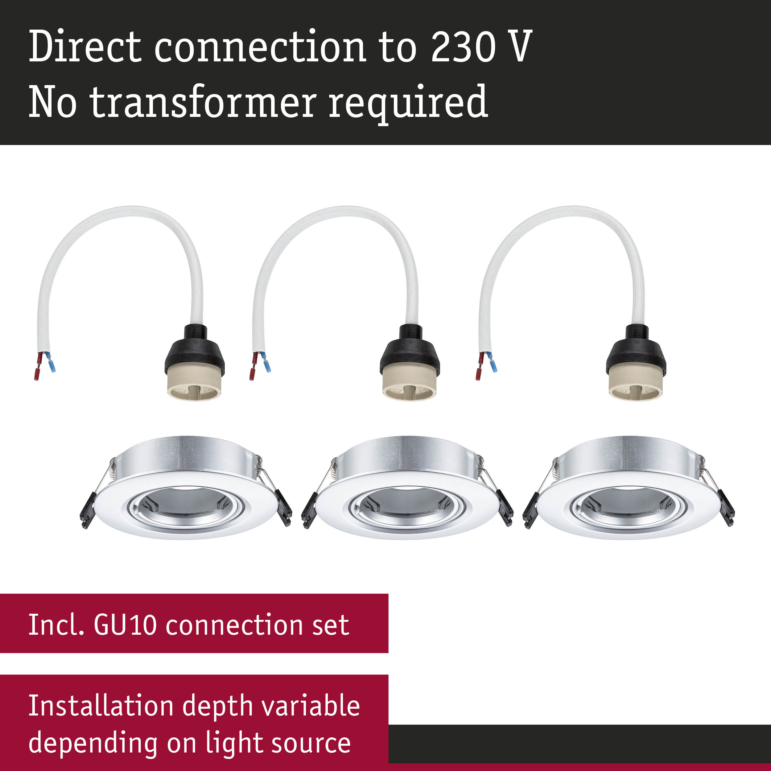 Three white GU10 lamp holders with black cable and adjustable installation depth for LED spotlights