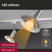 Dimmable LED reflector in brushed metal with warm white light and 24° beam angle for directional lighting