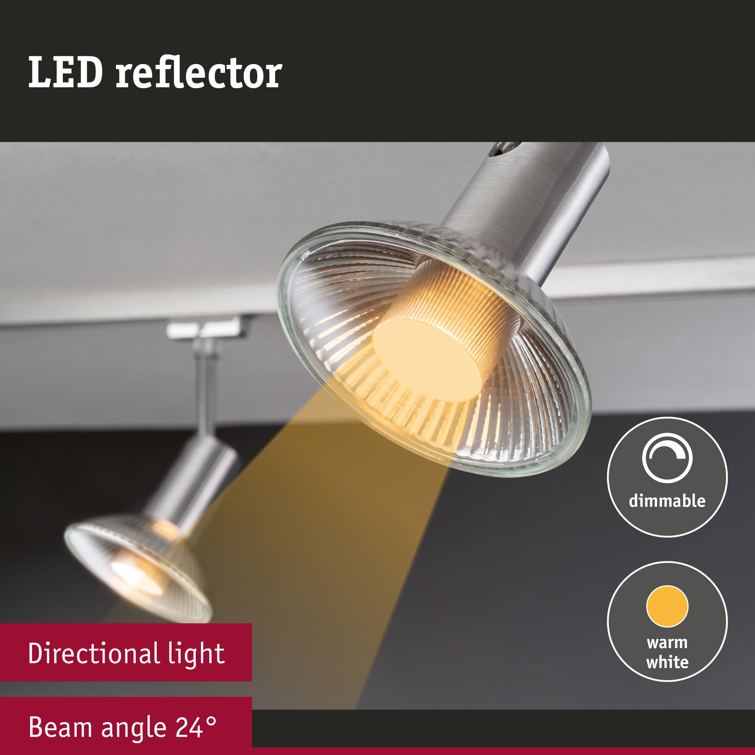 Dimmable LED reflector in brushed metal with warm white light and 24° beam angle for directional lighting