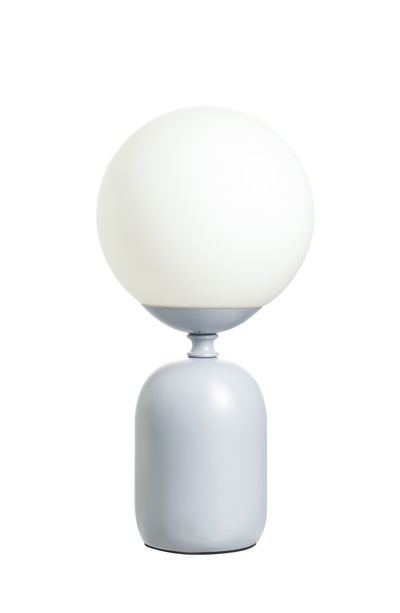 Modern table lamp with white glass globe and grey metal base for stylish room lighting