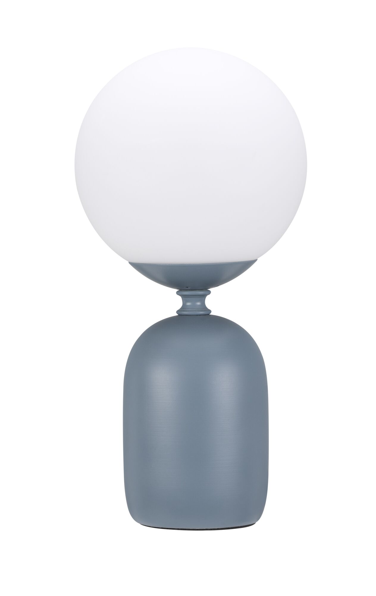 Moderne tafellamp met witte glazen bol en grijze metalen voet voor stijlvolle verlichting