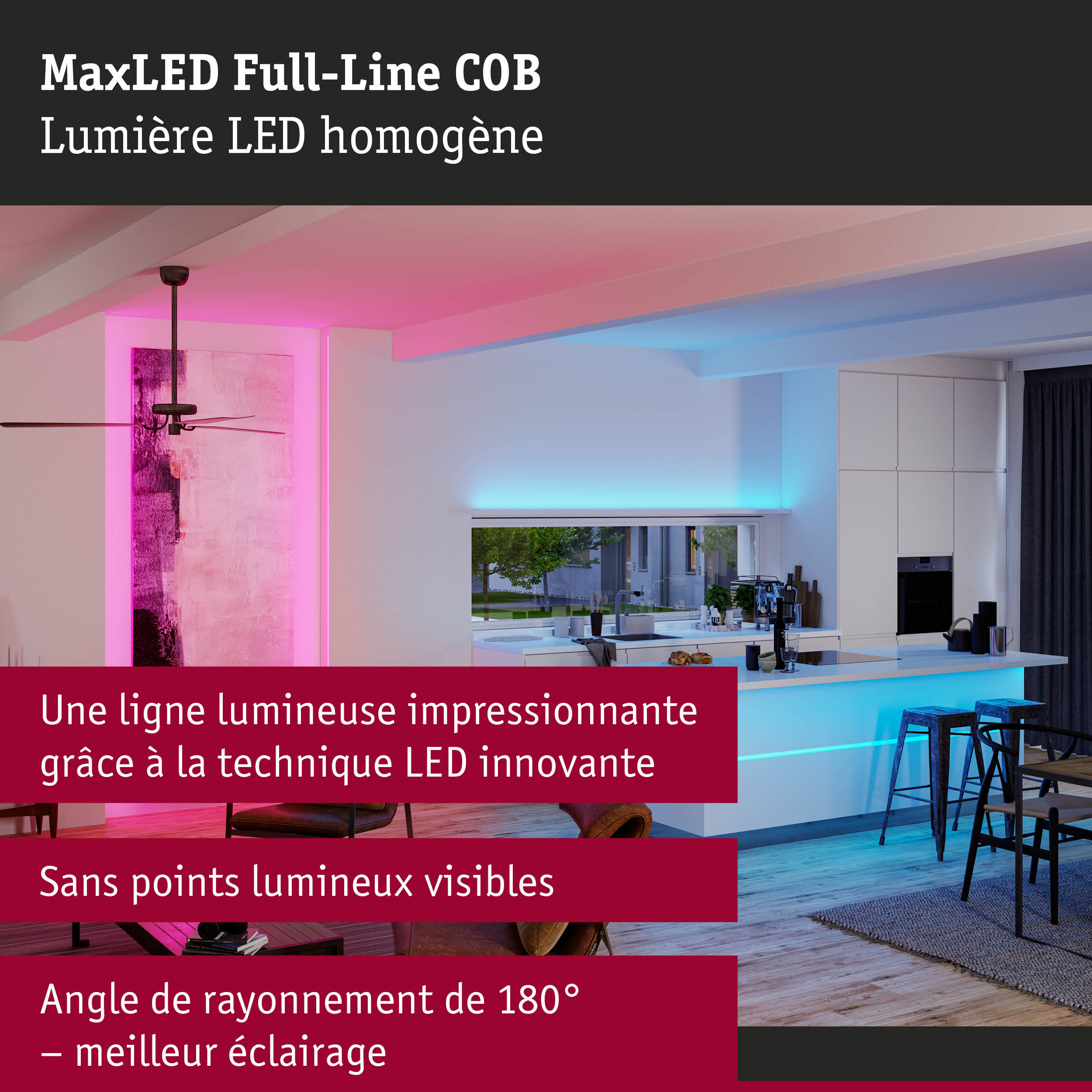 Cuisine moderne éclairée par un éclairage LED MaxLED Full-Line COB bleu et rose pour une ambiance lumineuse