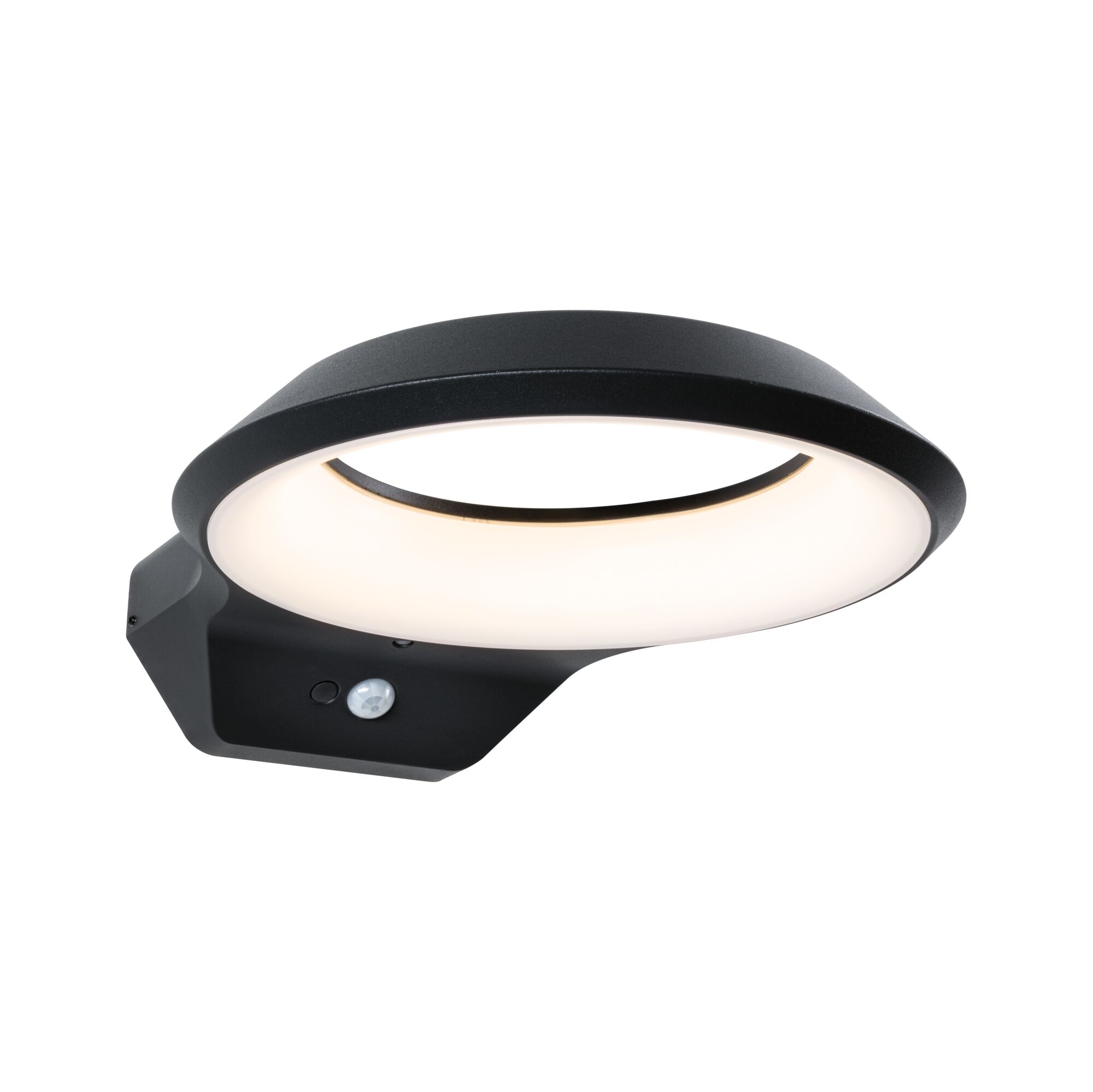 Round black metal LED wall light with motion sensor and warm white light for outdoor use