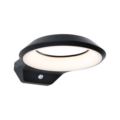 Runde schwarze LED-Wandleuchte aus Metall mit Bewegungsmelder und warmweißem Licht für Außenbereiche
