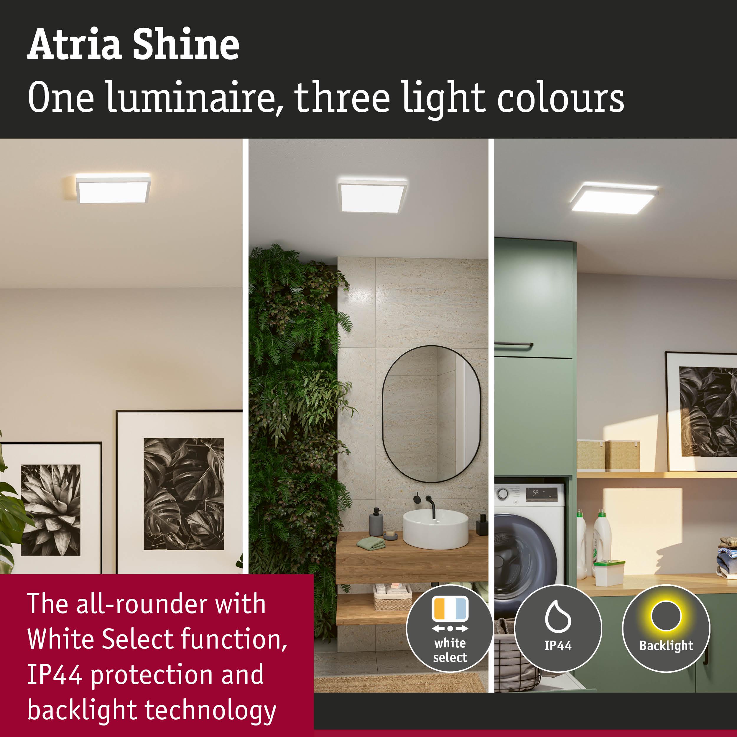 Atria Shine LED ceiling light with White Select, IP44 protection and backlight technology for bathroom and laundry room