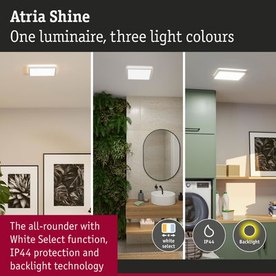 Atria Shine LED ceiling light with White Select, IP44 protection and backlight technology for bathroom and laundry room