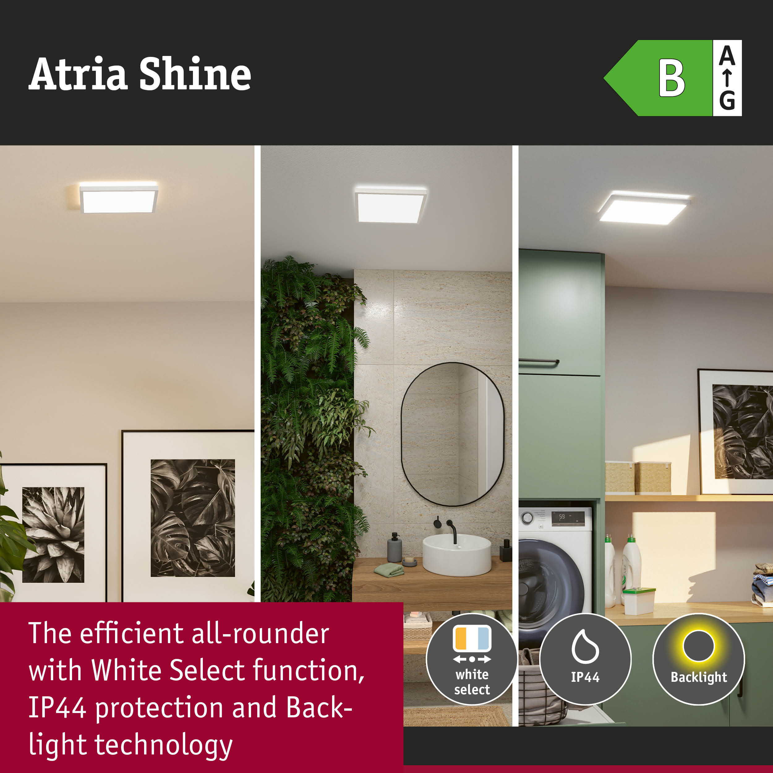 Atria Shine LED ceiling light with White Select function, IP44 protection and backlight technology