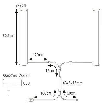 Technical drawing showing dimensions of USB LED light strip with 30.5 cm height and 120 cm cable.