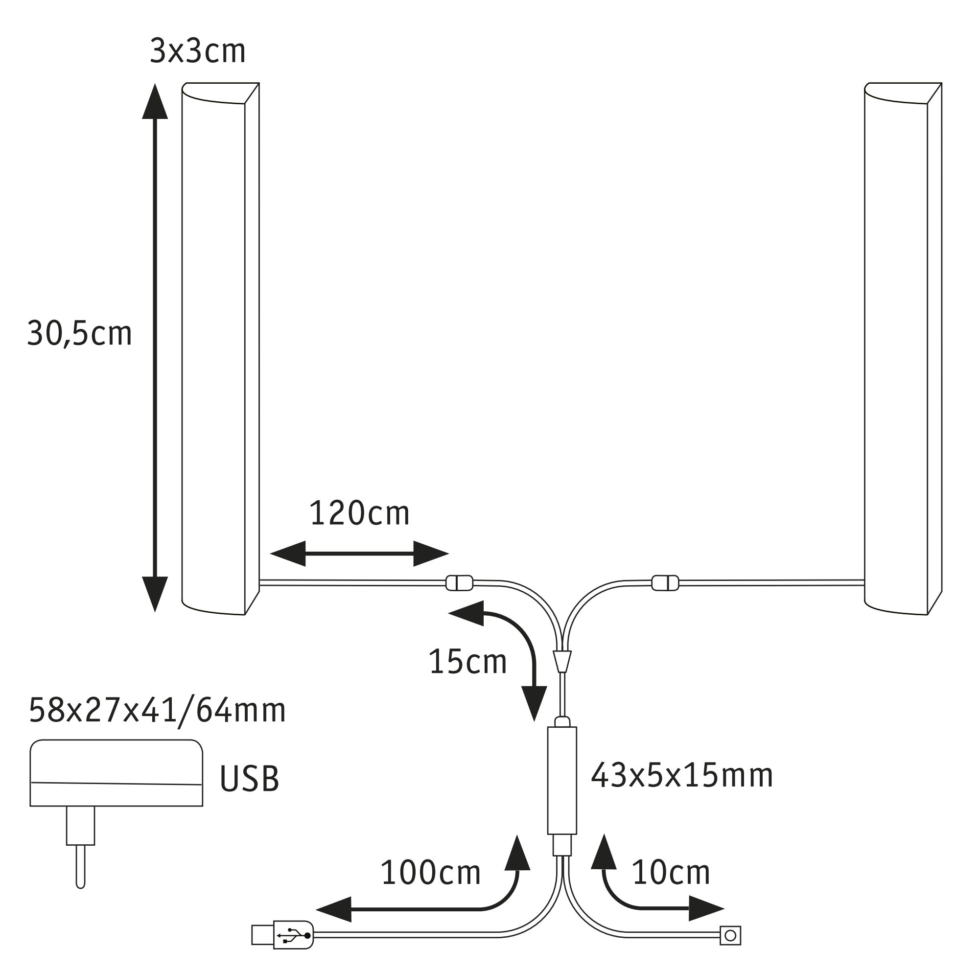 Dessin technique avec dimensions d’un câble USB et deux composants rectangulaires en noir et blanc
