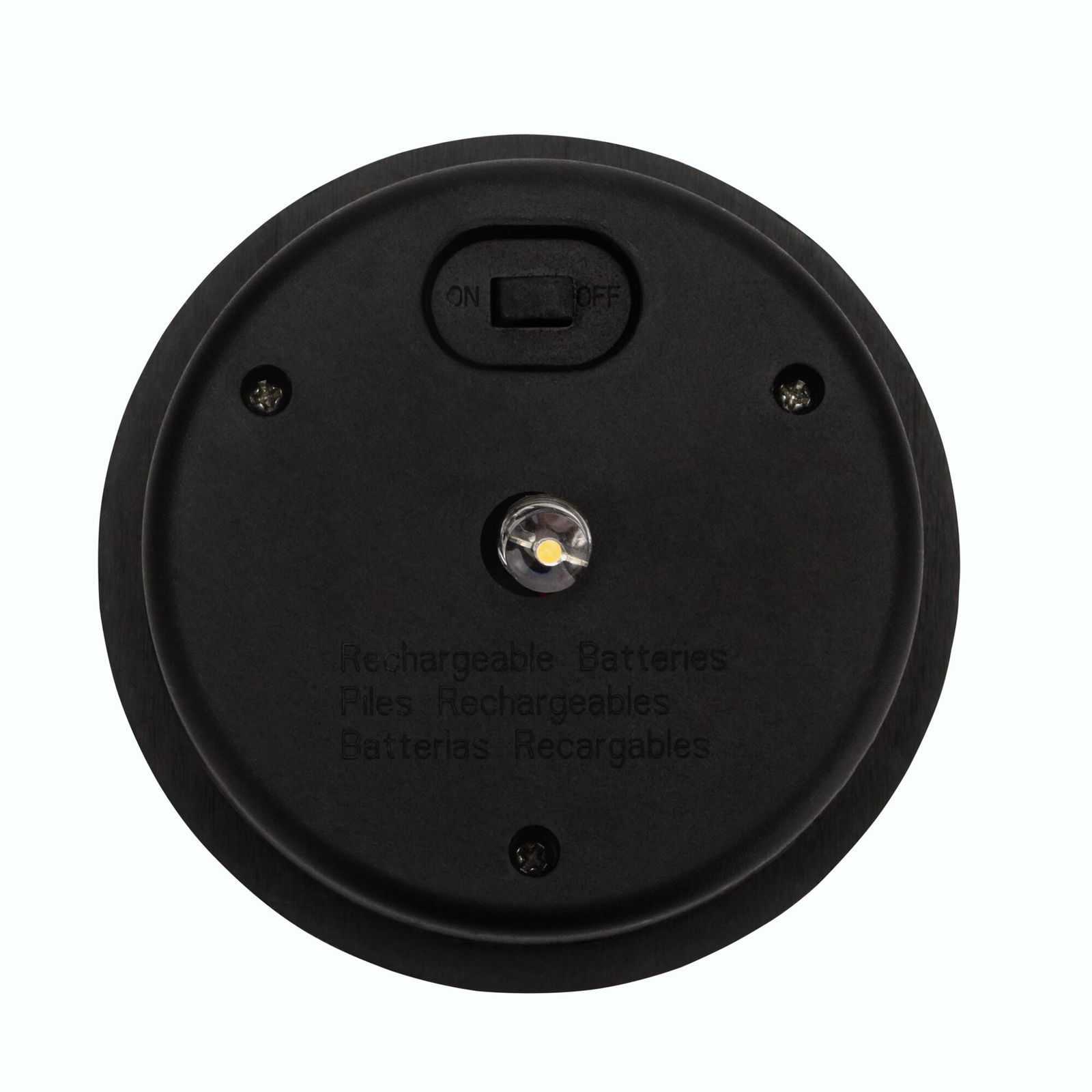 Round black LED light with on/off switch and rechargeable batteries indication