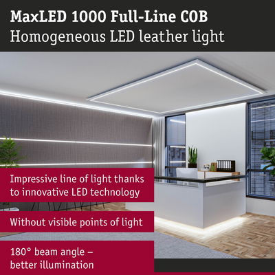 Modern office illuminated by MaxLED 1000 Full-Line COB white LED strips providing uniform light
