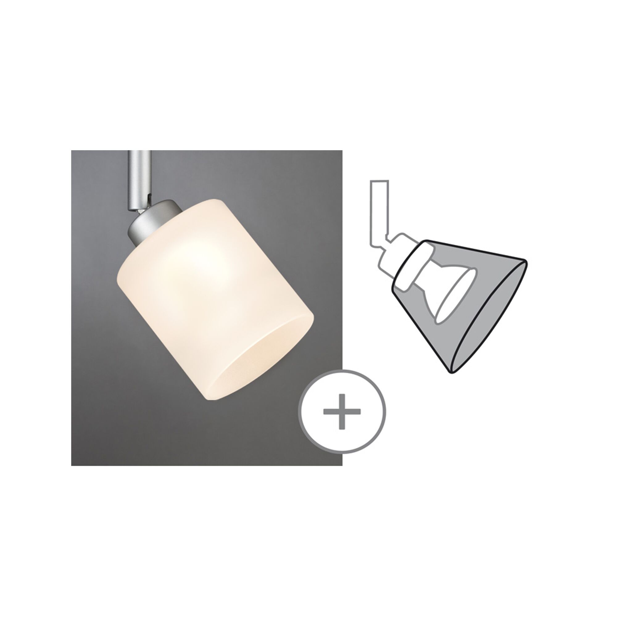 Moderner Deckenstrahler mit mattweißem Glas und silbernem Metallfuß für flexible Raumbeleuchtung