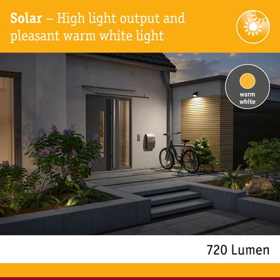 Solar outdoor light with warm white 720 lumen output for bright and pleasant entrance illumination