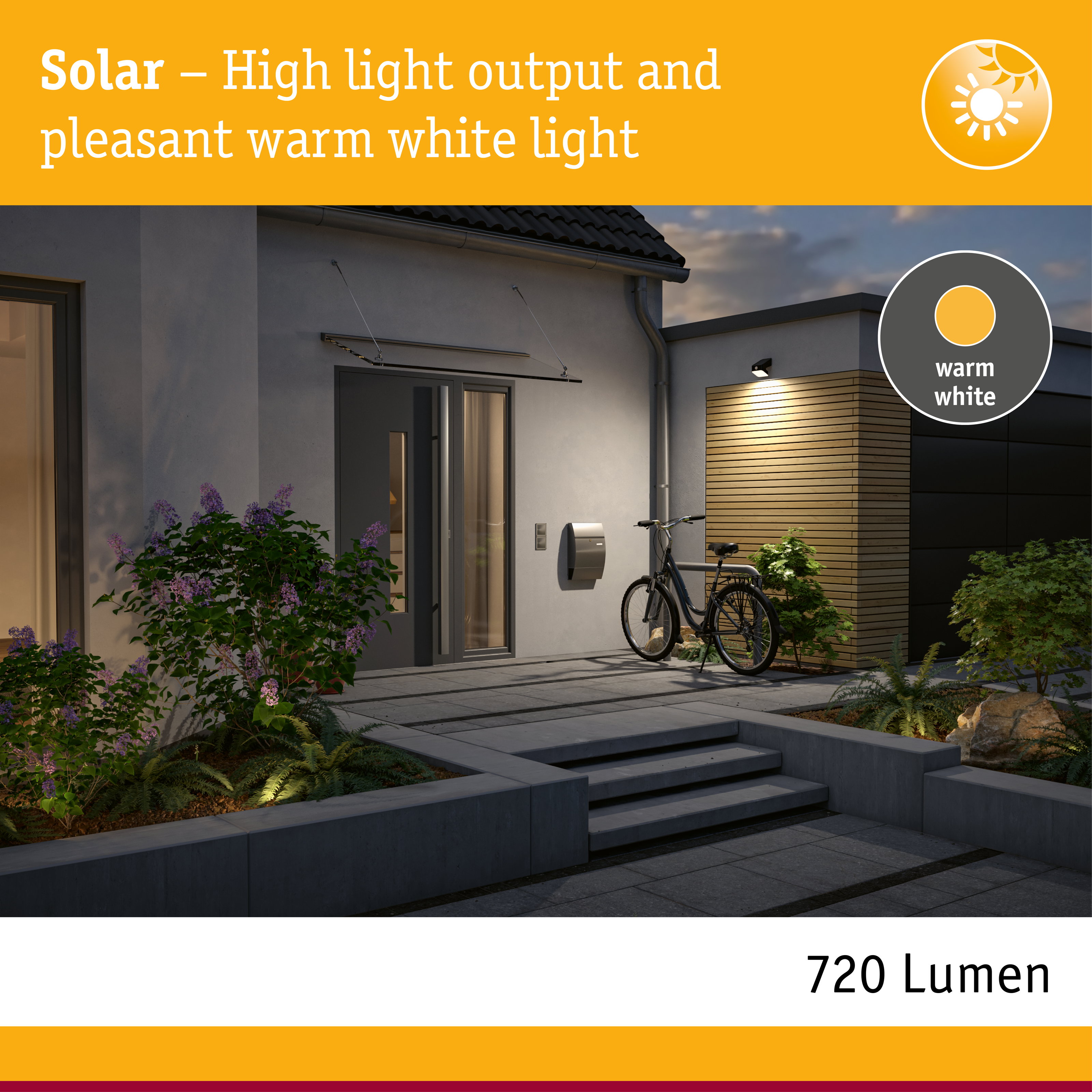 Outdoor lighting with warm white light and 720 lumens for pleasant solar light ambiance