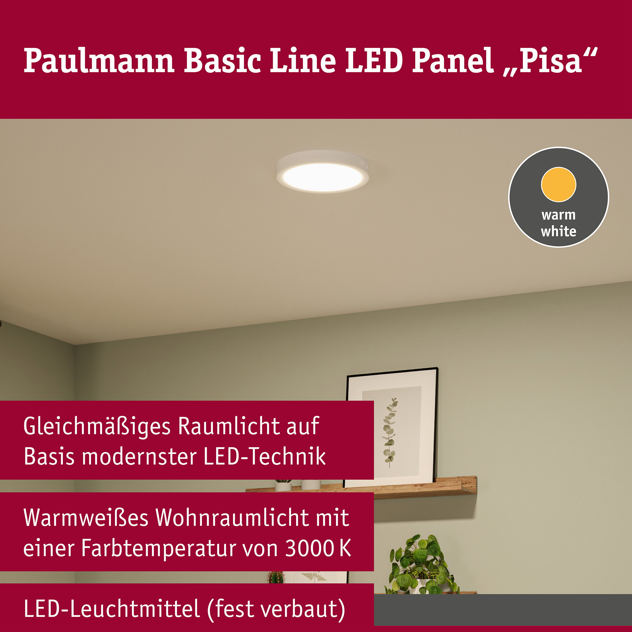 LED Panel Pisa 3000K 290mm 1800lm 17,6W Weiß matt