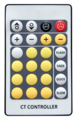 CT Controller remote with white and yellow buttons for light control and brightness adjustment