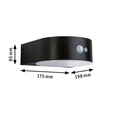 Applique murale LED noire avec détecteur de mouvement, dimensions 198x175x65 mm, pour éclairage extérieur